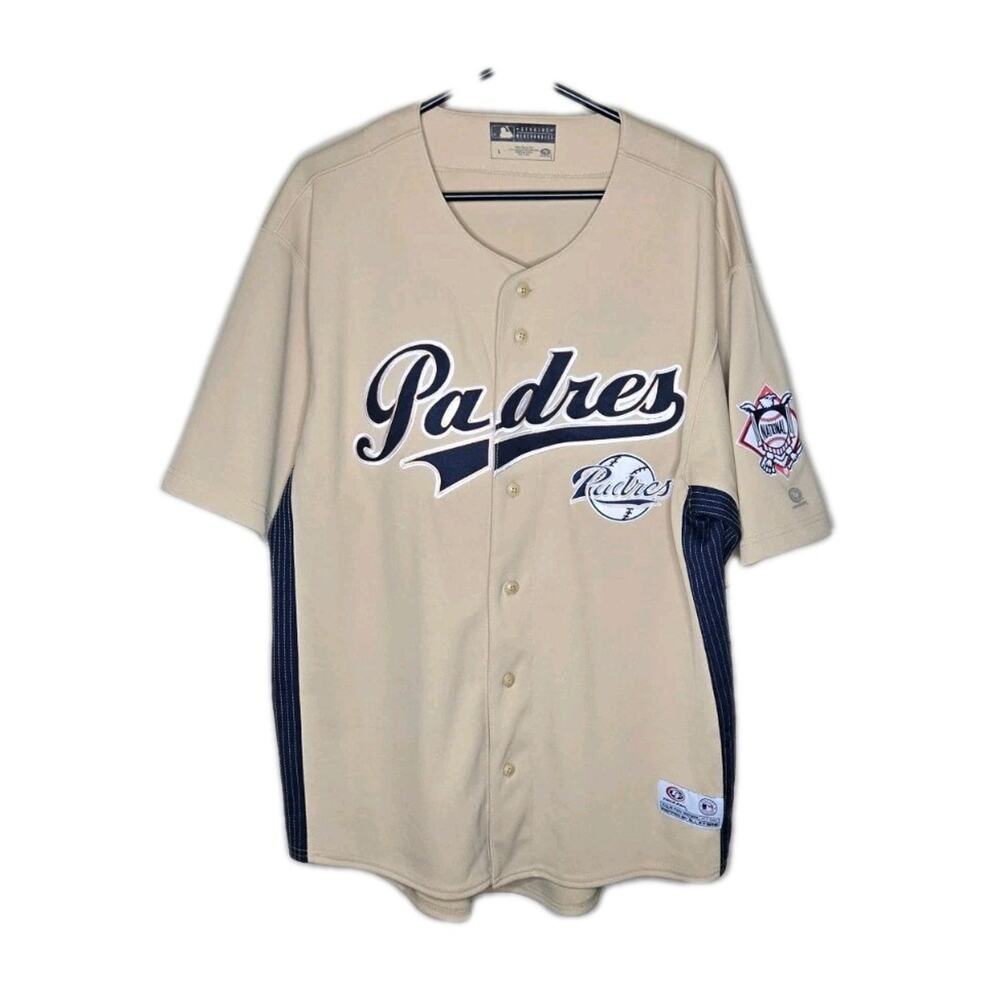 MLB San Diego Padres Baseball Jersey Tan Navy Blue Pinstripes Size Large